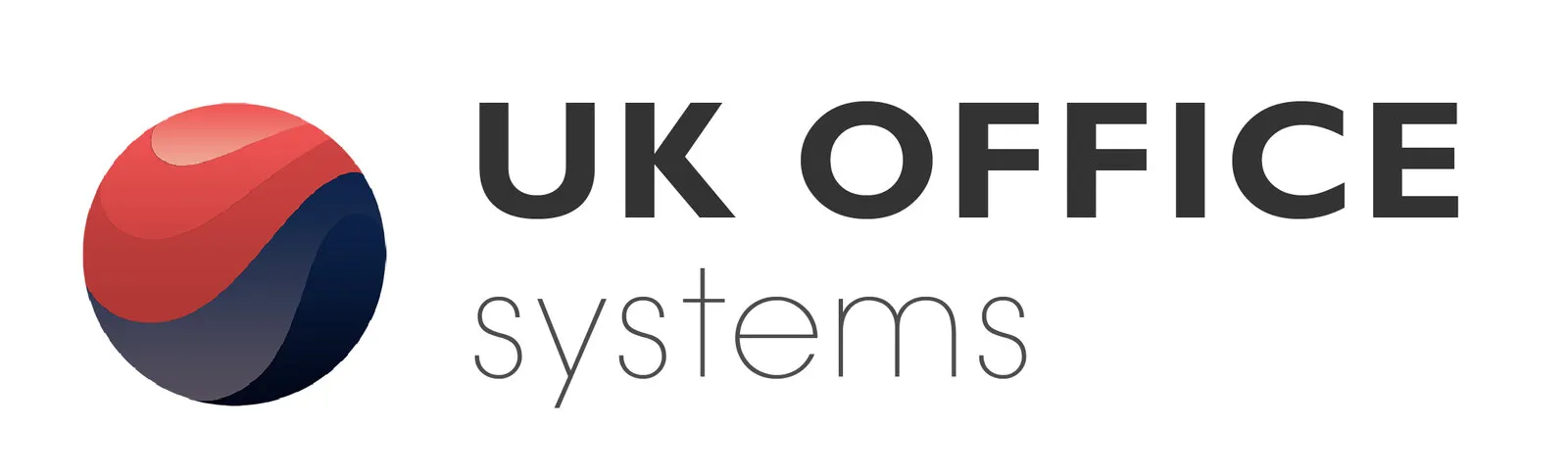 UK Office Systems’ 2019 logo: a glossy red and navy sphere beside UK OFFICE in bold capitals over systems in a light lower case
