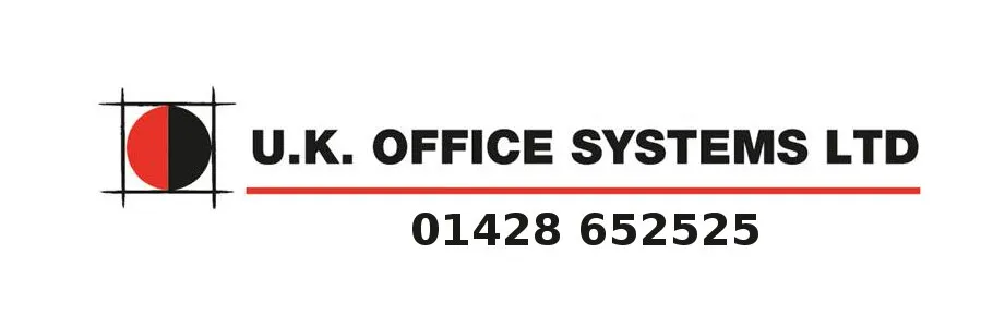 UK Office Systems’ old logo: a circle split red and black inside printer’s crop marks, beside U.K. OFFICE SYSTEMS LTD over a red rule and the phone number 01428 652525