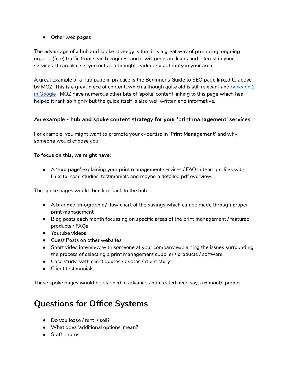 Another page of the plan: a hub-and-spoke content plan built around print management, and questions for UK Office Systems