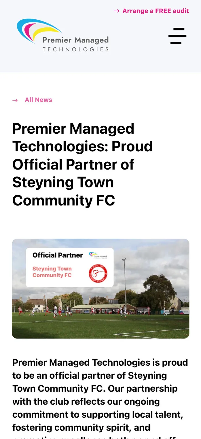 The news post on a phone: “Premier Managed Technologies: Proud Official Partner of Steyning Town Community FC”, with the club’s Official Partner badge over a photo of the ground