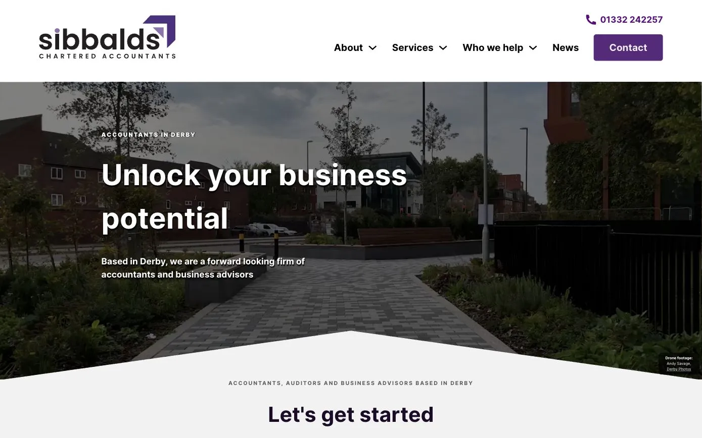 Sibbalds Chartered Accountants homepage over drone footage of Derby