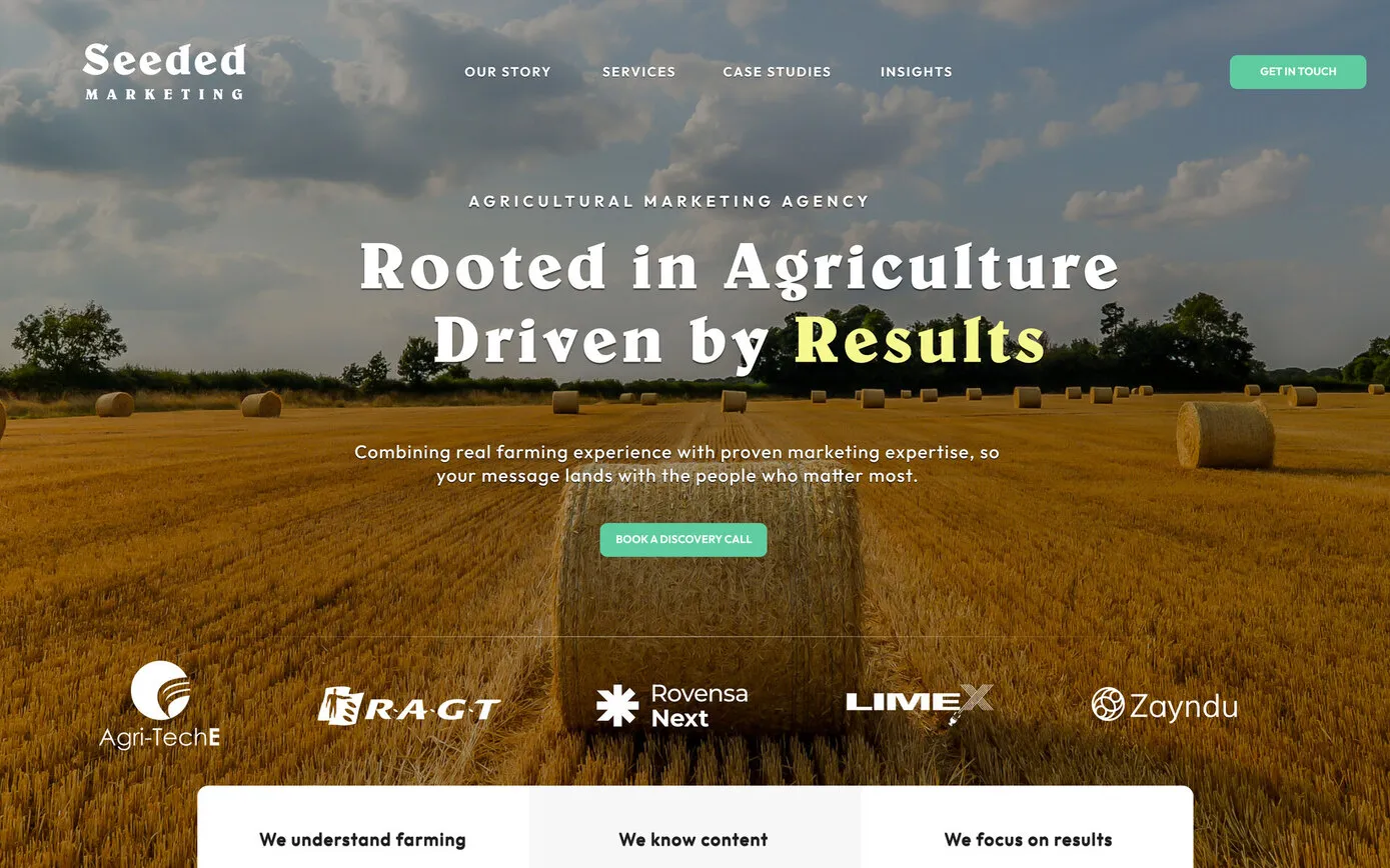 Our Figma design for the home page, January 2026: the logo and menu over a harvest field with round bales, “Rooted in Agriculture, Driven by Results”, client logos from Agri-TechE, RAGT, Rovensa Next, LimeX and Zayndu, and three cards beneath
