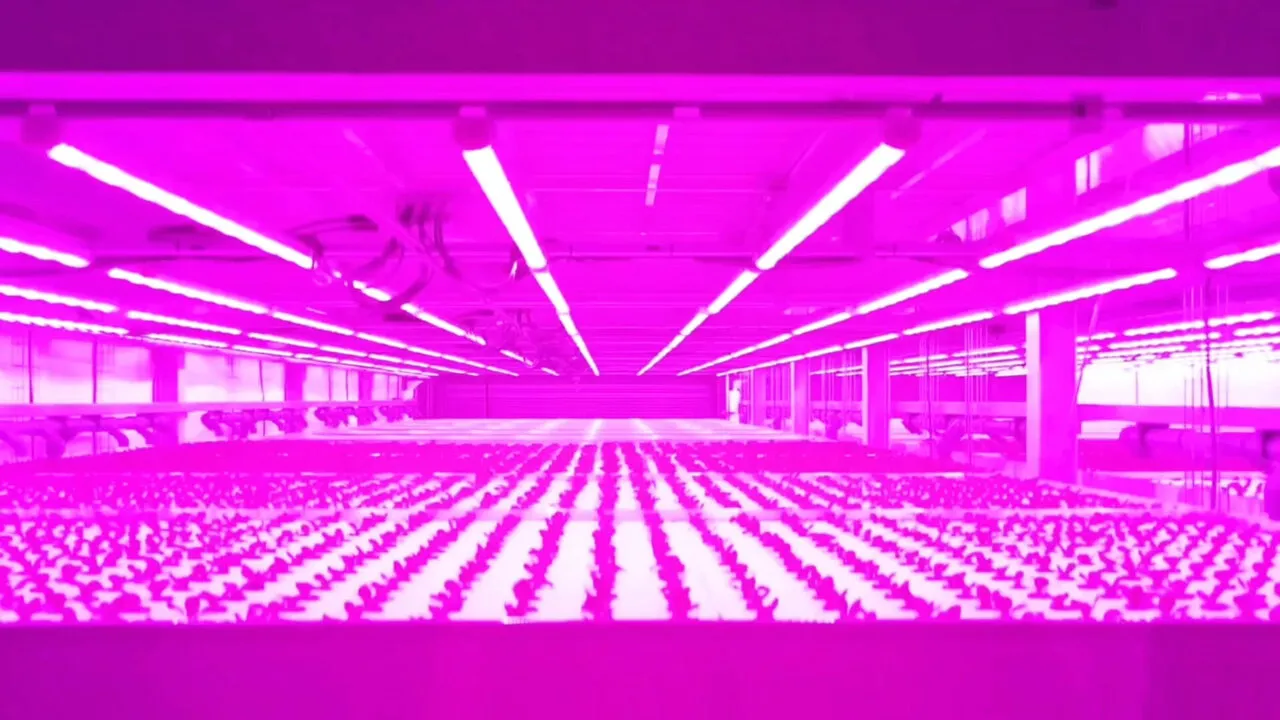 Rows of young plants under magenta grow lights in a vertical farm