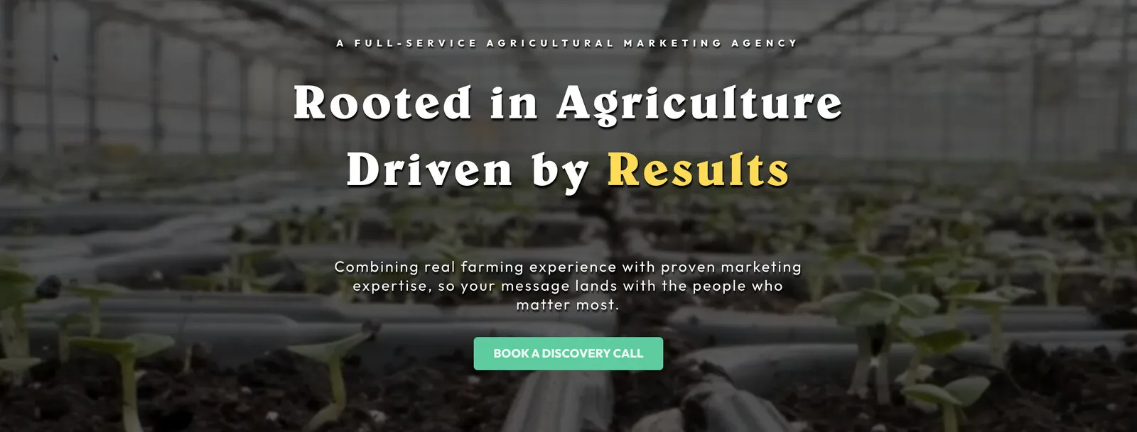 The home page’s opening, “Rooted in Agriculture, Driven by Results”, over Will’s film, with Results in yellow and the Book a discovery call button below