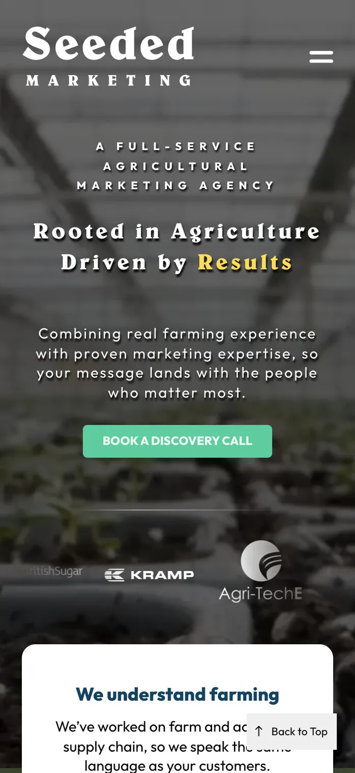The same home page on a phone, with client logos and the first of three cards, We understand farming, below the opening