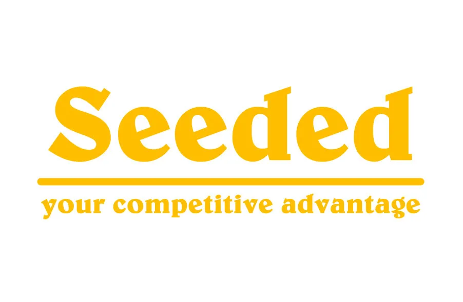 Seeded’s 2023 logo: Seeded in gold above a gold rule and the line “your competitive advantage”