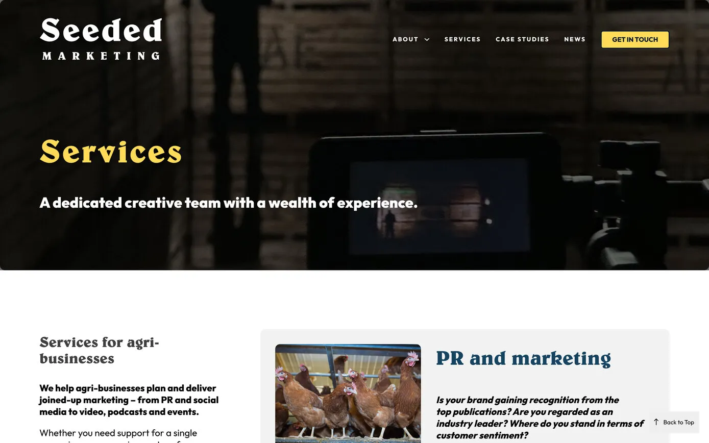 The Services page: the heading in yellow over a darkened photo of a camera filming, then Services for agri-businesses and the first service, PR and marketing, with a photo of hens