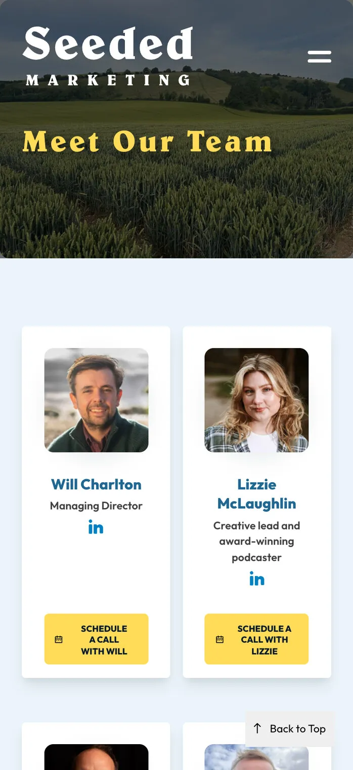 Meet Our Team on a phone: Will Charlton, Managing Director, and Lizzie McLaughlin, Creative lead and award-winning podcaster, each with a yellow button to schedule a call