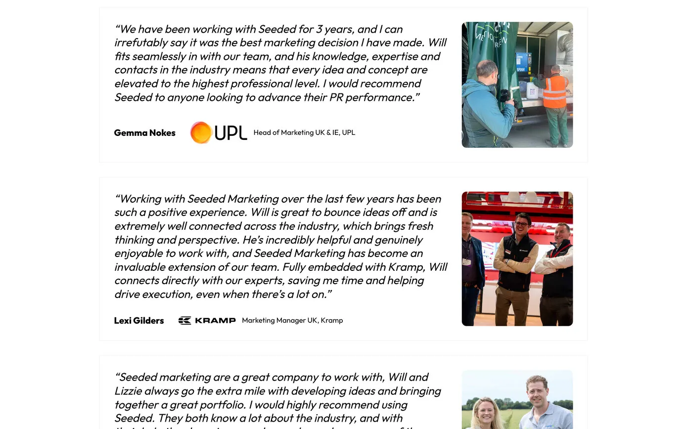 Two testimonials on the Testimonials page, from Gemma Nokes of UPL and Lexi Gilders of Kramp, each beside a photo from Seeded’s work with them