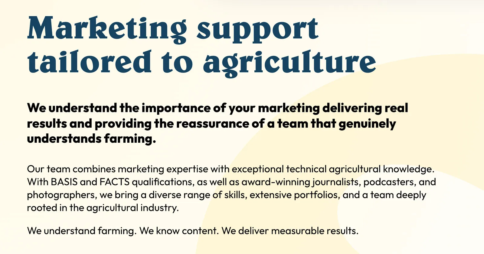“Marketing support tailored to agriculture” in deep blue Belwe, then a bold line and a paragraph in Outfit, on cream with a pale yellow seed shape behind
