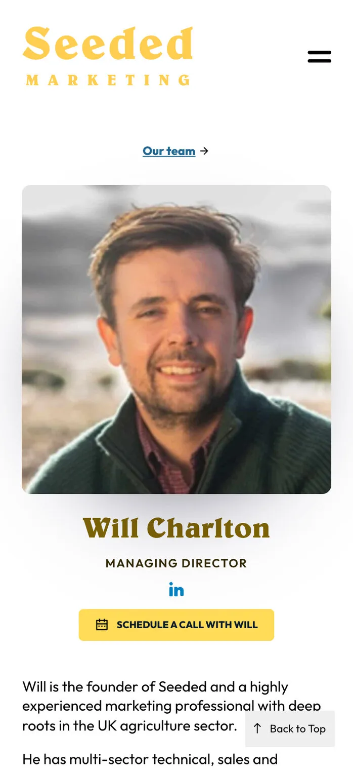 Will Charlton’s page on a phone: his photo, Managing Director and a yellow Schedule a call with Will button