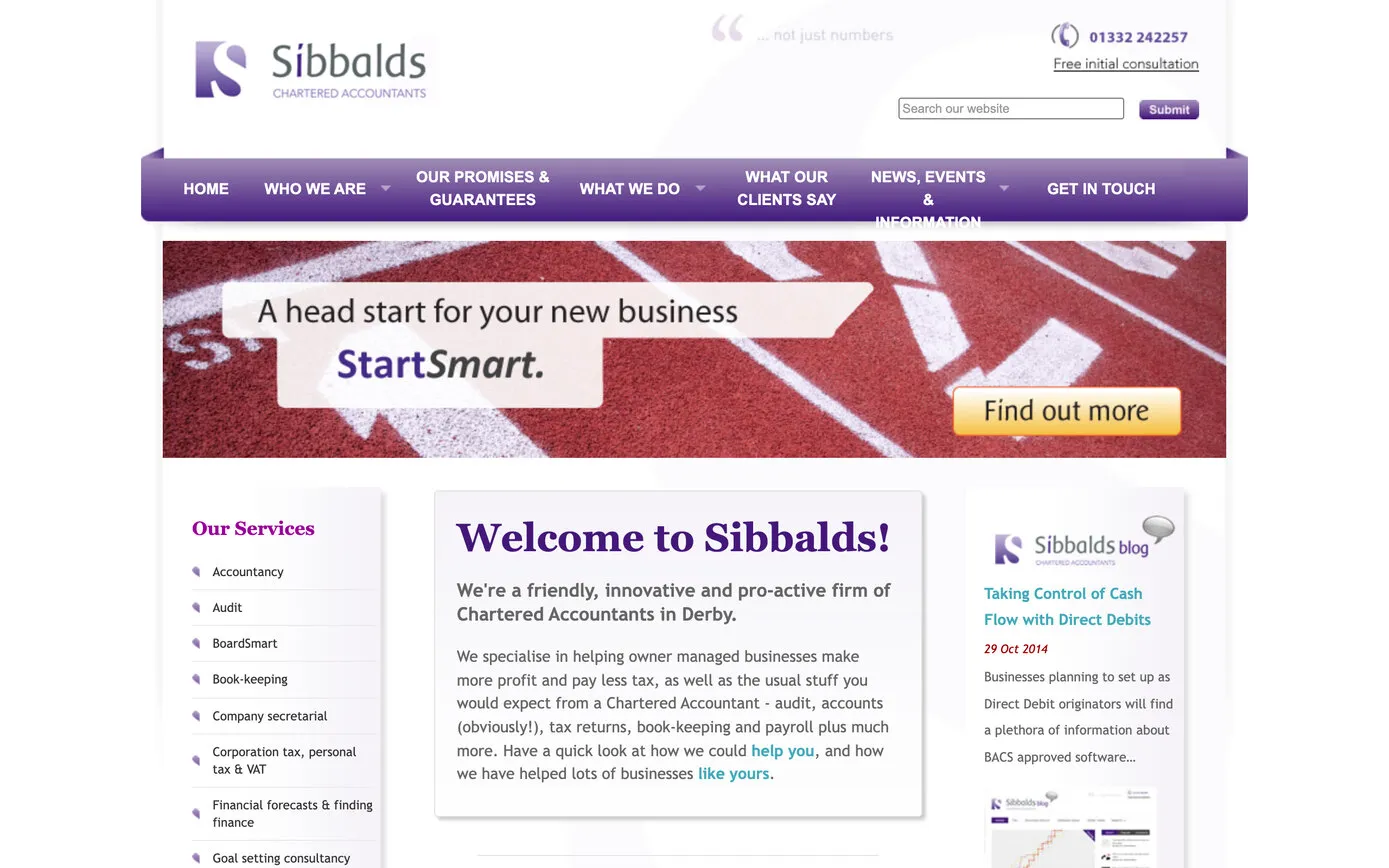sibbald.co.uk in 2015: the purple S logo, a purple menu bar, a “head start for your new business” banner and “Welcome to Sibbalds!”