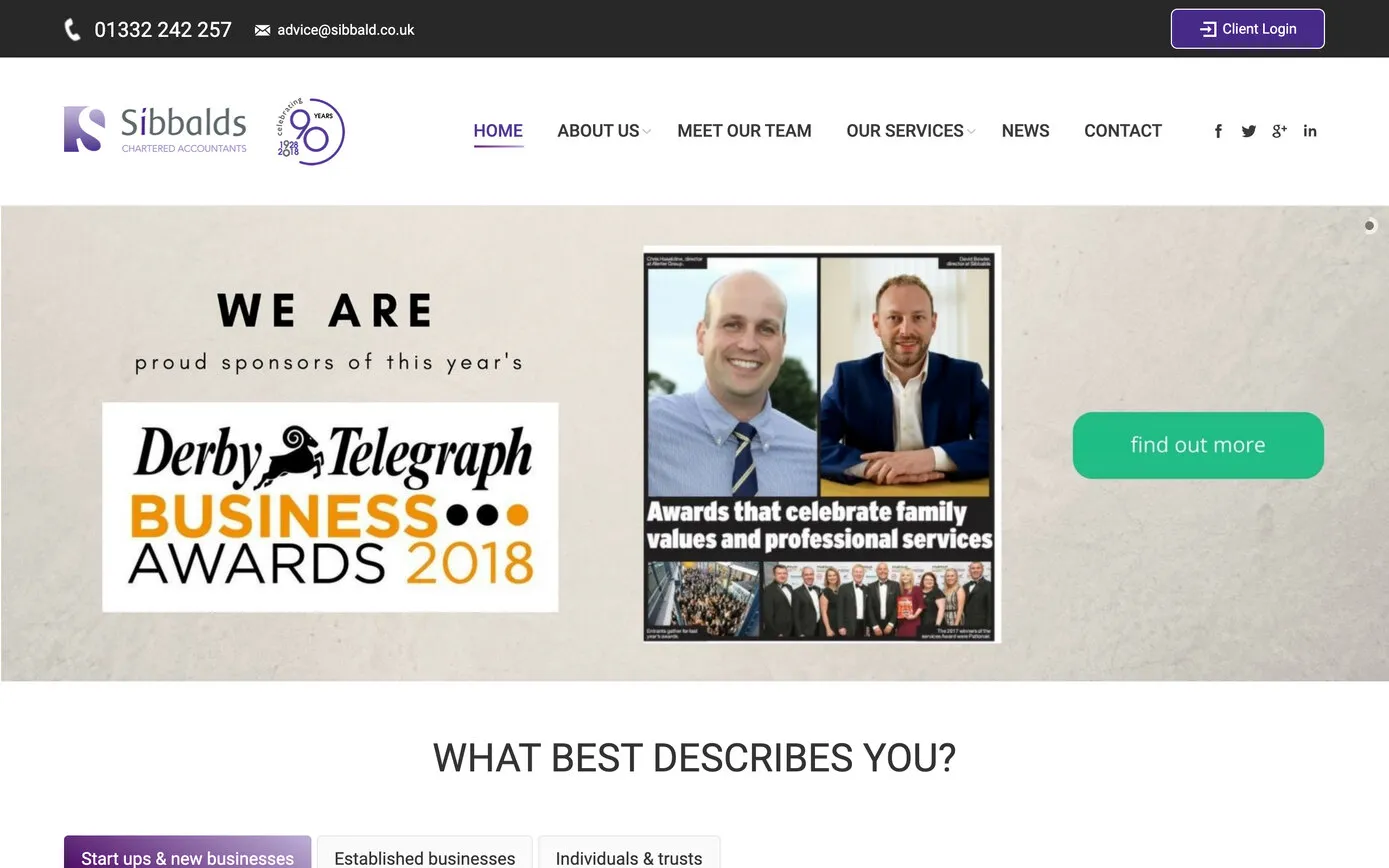 sibbald.co.uk in 2018: the logo with a “celebrating 90 years” badge, a banner for the Derby Telegraph Business Awards the firm sponsored, and “What best describes you?”