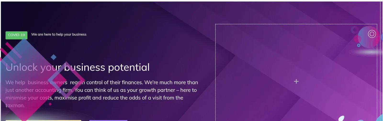 The 2020 homepage design: “Unlock your business potential” on a purple gradient, with a button to arrange a free consultation