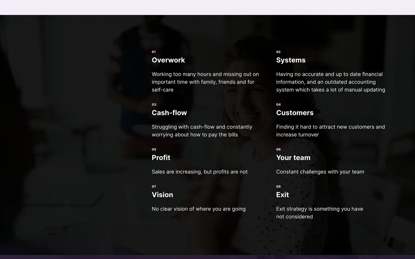 A dark section of the homepage listing eight challenges, from overwork and cash flow to vision and exit