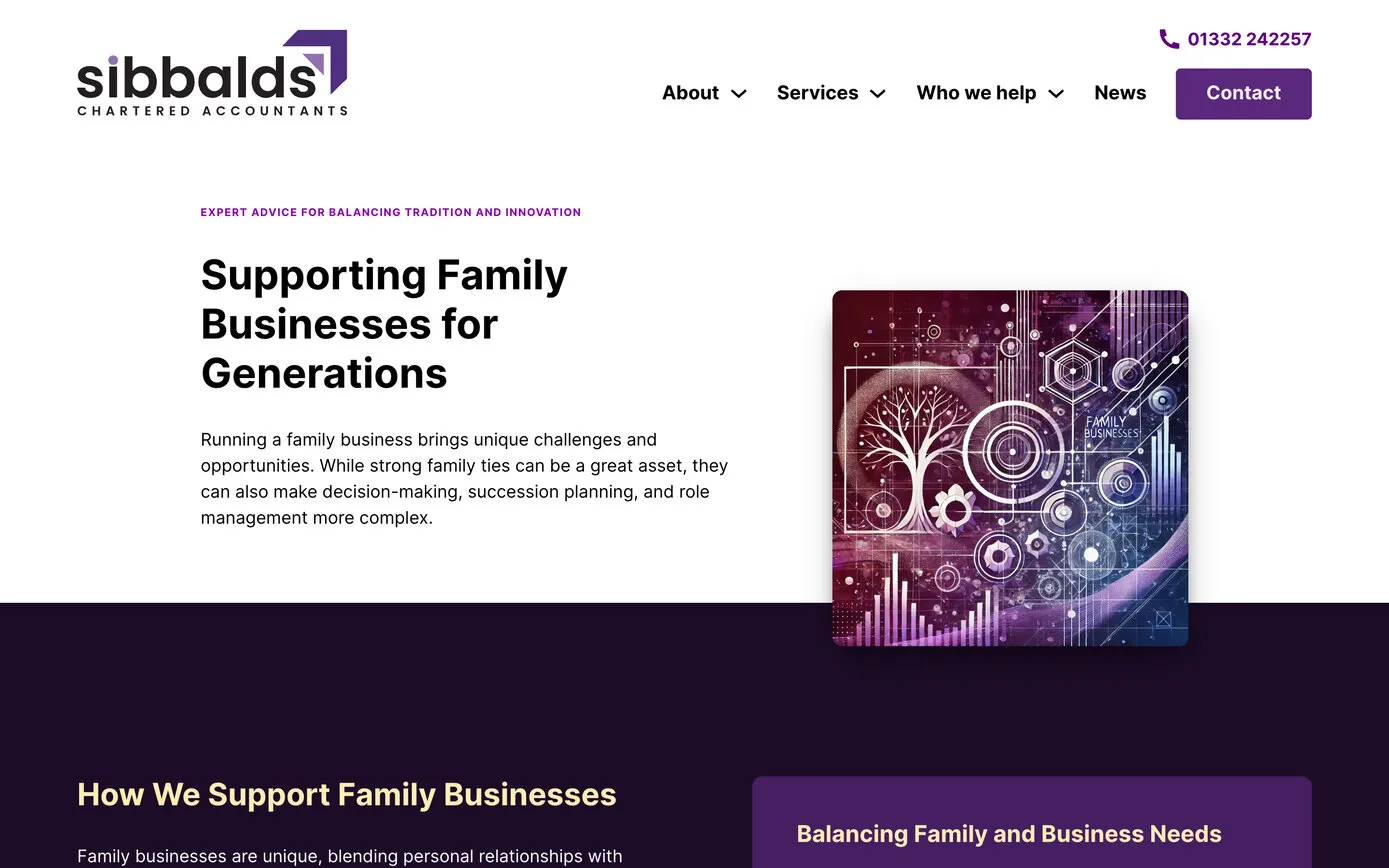 The family businesses page: “Supporting Family Businesses for Generations”, with an abstract purple illustration of a tree