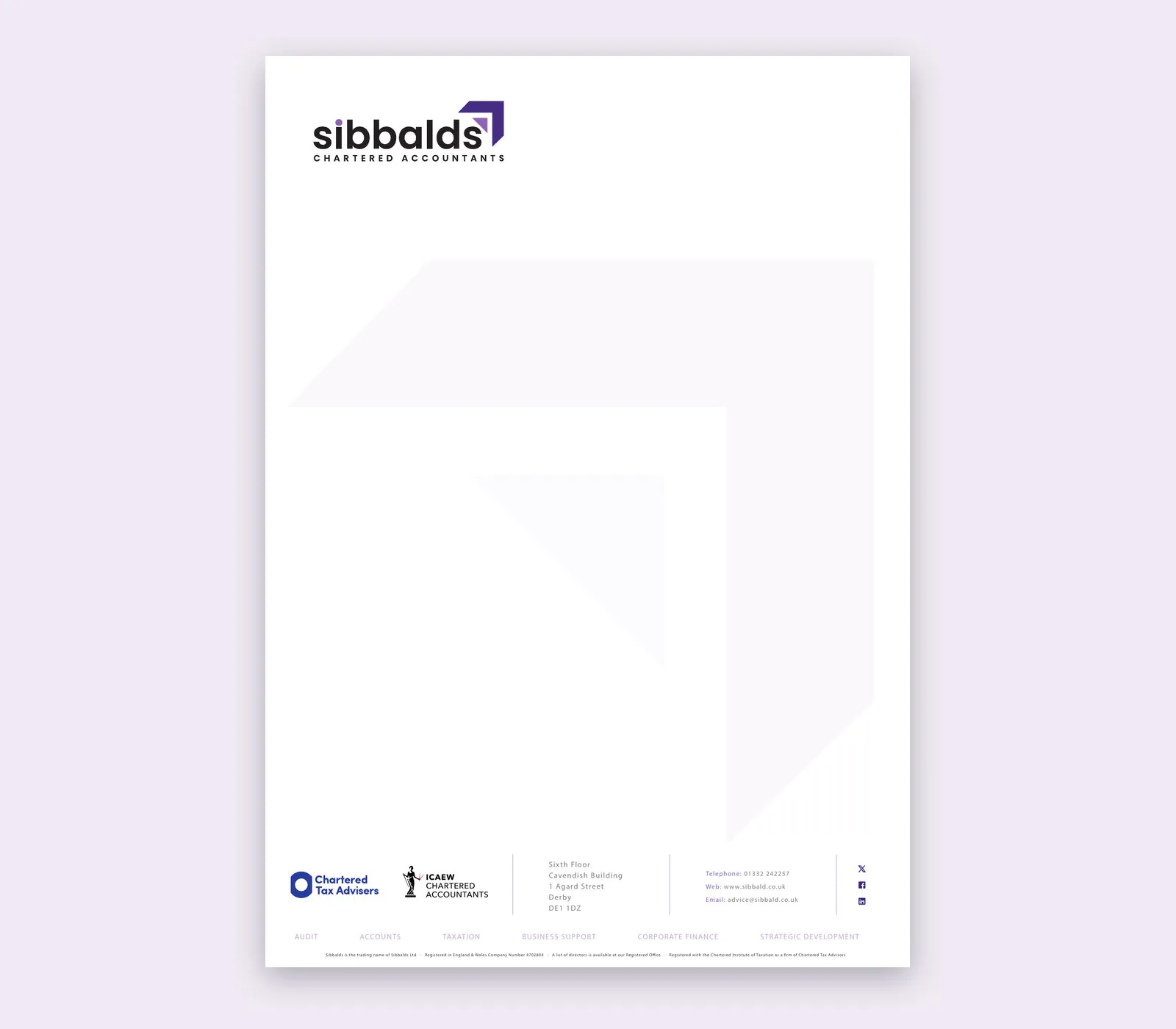The new A4 letterhead: the logo at the top, a large faint arrow across the page, and the Cavendish Building address with the professional bodies’ logos at the foot