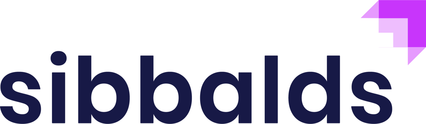 The 2020 logo: “sibbalds” in dark lower-case letters with a pink and purple pixel arrow