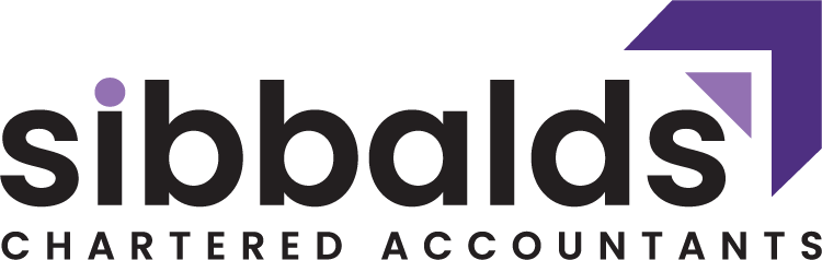 The 2024 logo: “sibbalds” in charcoal lower case with a purple dot on the i, “Chartered Accountants” beneath and a bold purple corner arrow