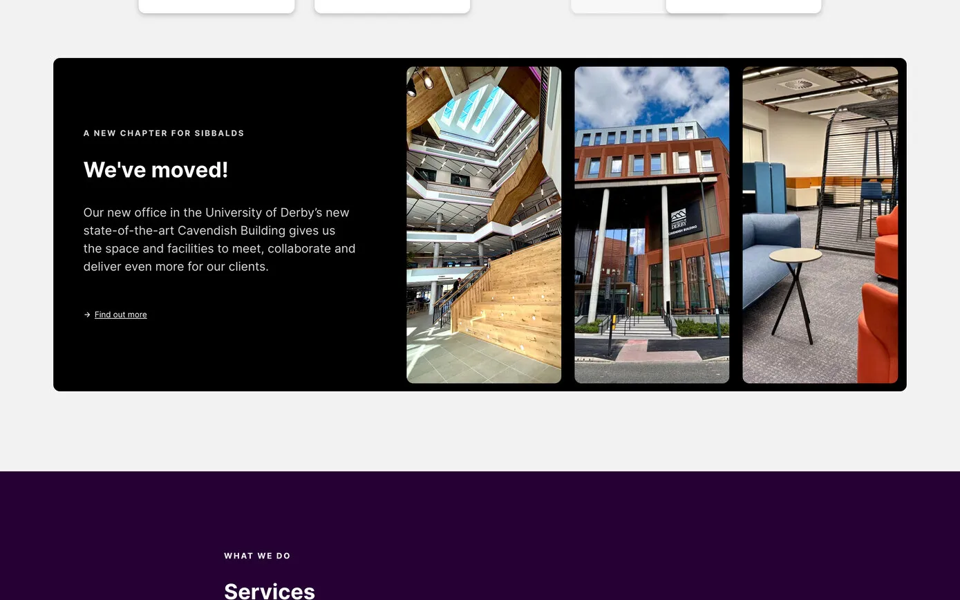 “We’ve moved!”: a panel on the homepage with photographs of the Cavendish Building inside and out