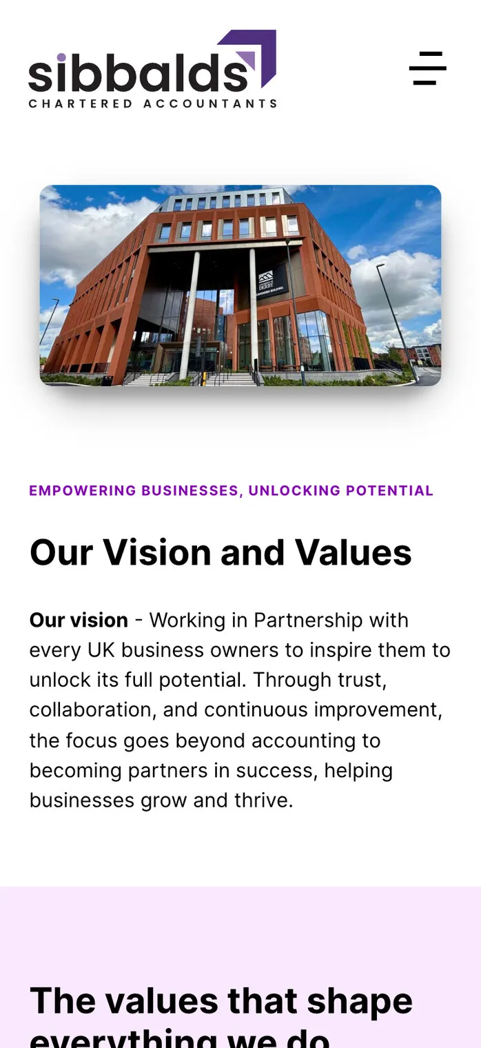 The vision and values page on a phone, with a photograph of the Cavendish Building