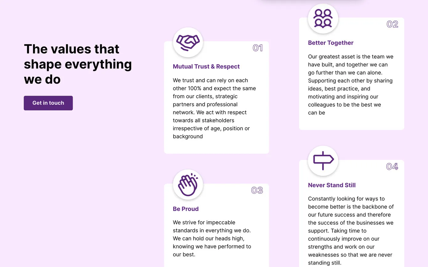 “The values that shape everything we do”: cards for Mutual Trust and Respect, Better Together, Be Proud and Never Stand Still, each with a purple icon