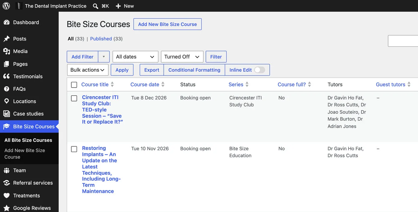 The practice’s list of Bite Size courses in WordPress: each course with its date, an automatic status such as Booking open or Past course, its series, a Course full? switch and its tutors