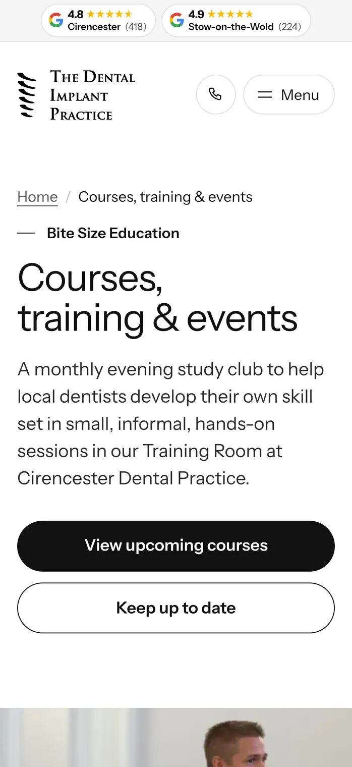 The Courses, training and events page on a phone