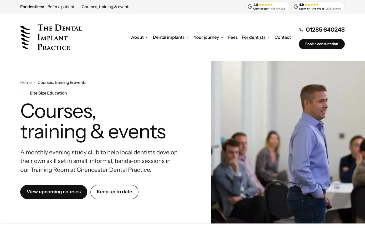 The Courses, training and events page on a computer: “Courses, training & events” beside a photo of Dr Ross Cutts presenting to a room of dentists, with buttons to view upcoming courses and keep up to date
