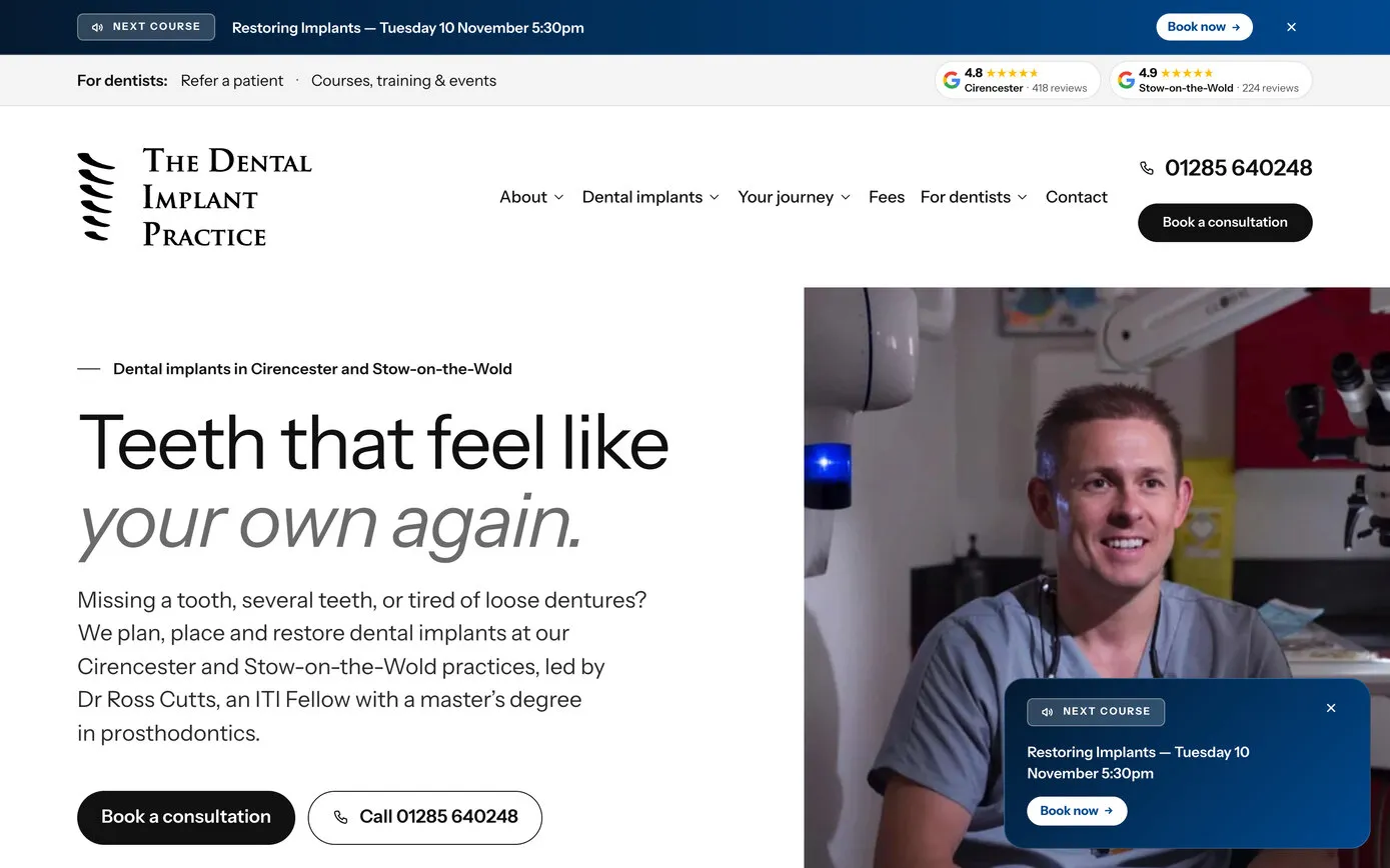 The Dental Implant Practice home page: “Teeth that feel like your own again” beside a photo of Dr Ross Cutts