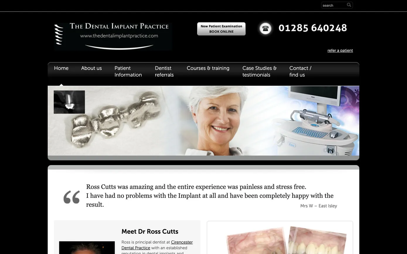 The old home page: a narrow boxed layout on black, a grey menu bar and a slideshow of an implant crown and a smiling patient
