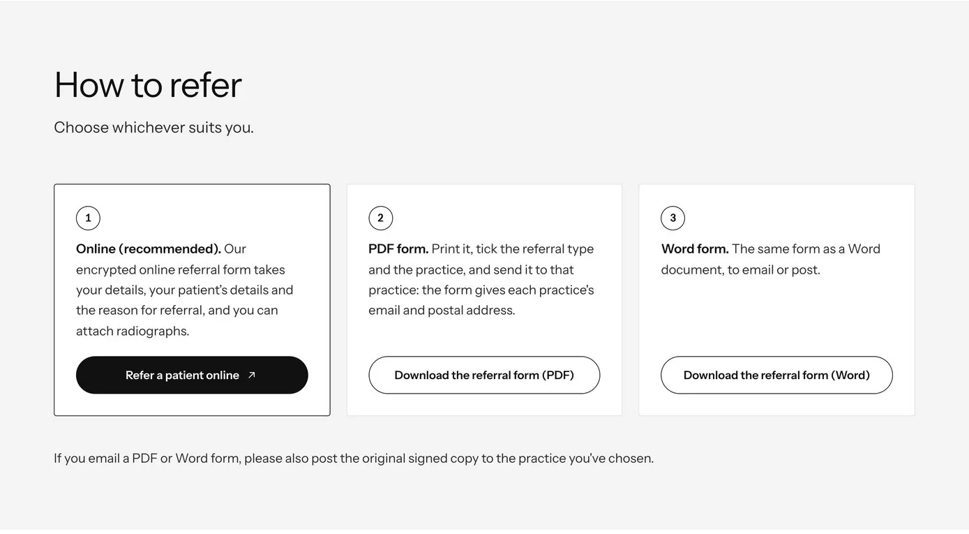 How to refer: three ways side by side, online (recommended) with the encrypted form, a PDF form and a Word form, each with its button