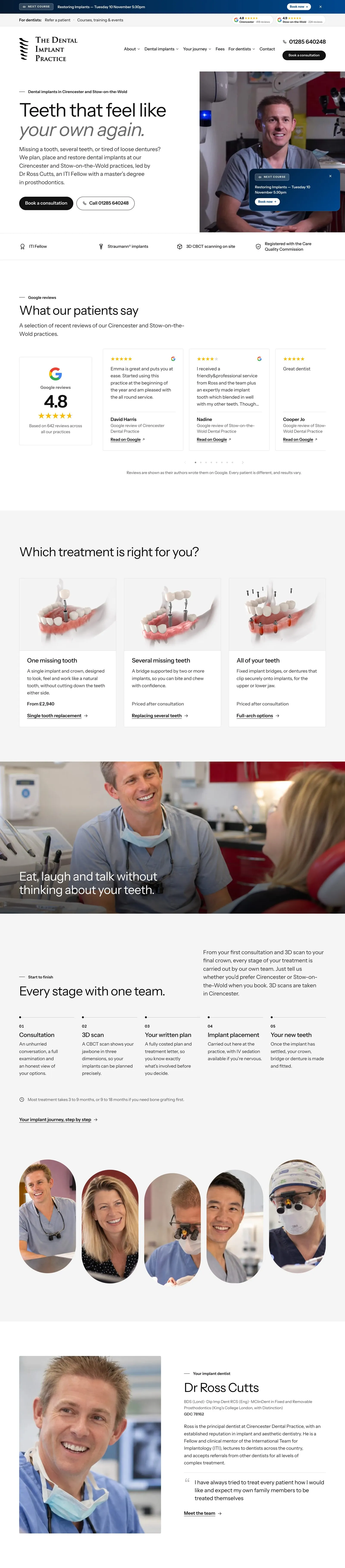 The Dental Implant Practice home page from top to bottom: “Teeth that feel like your own again” beside Dr Ross Cutts, the Google reviews, the three treatment cards, every stage of treatment with one team, and the dentists