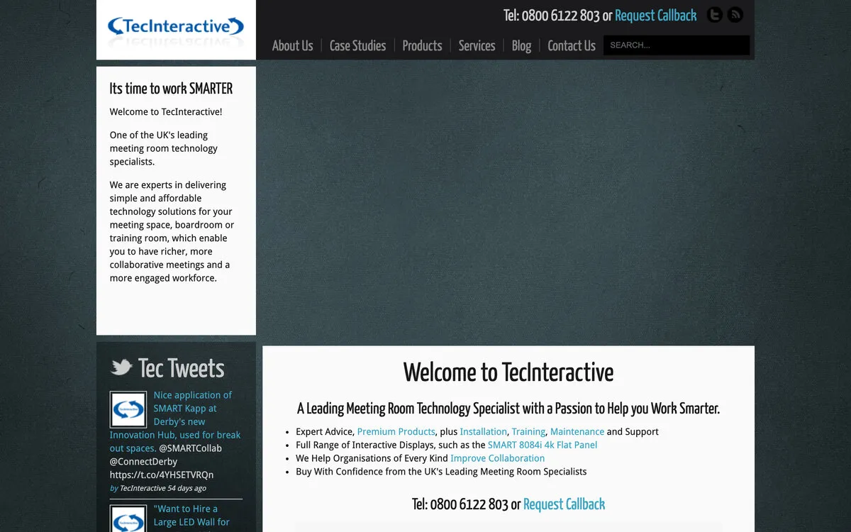 TecInteractive’s site in June 2016: a dark textured page with “Its time to work SMARTER”, a Tec Tweets box and small white text panels