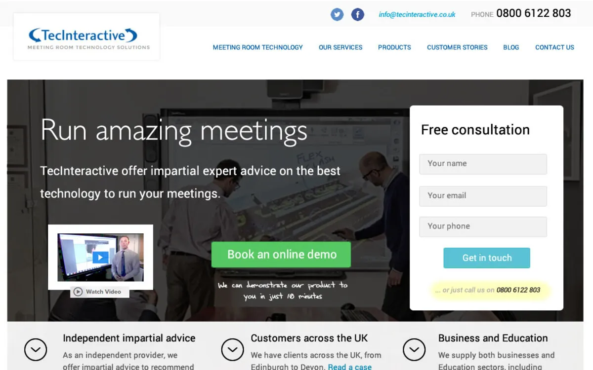 Our design, July 2016: “Run amazing meetings” over a meeting-room photo, Tom’s video, a Book an online demo button and a Free consultation form