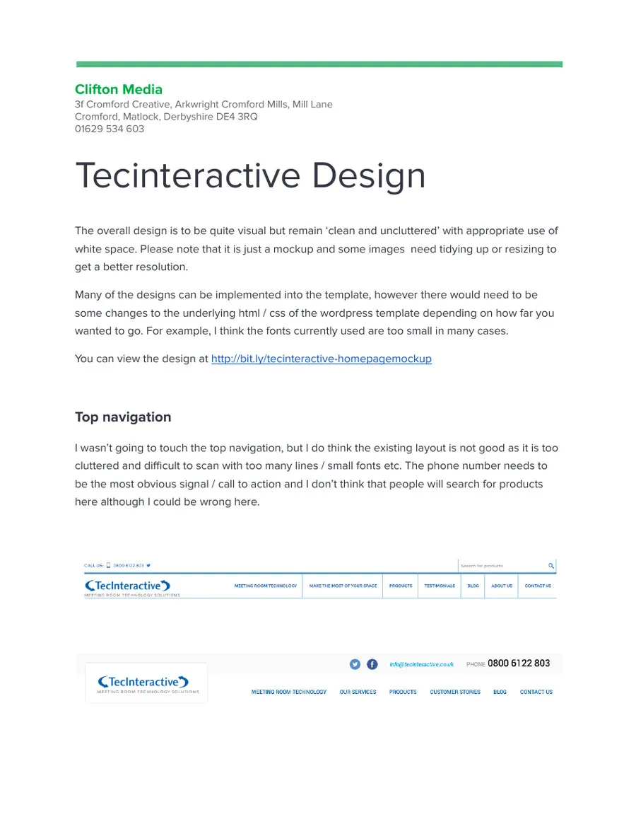 Page one of our design note, “Tecinteractive Design”: the reasons behind the new home page