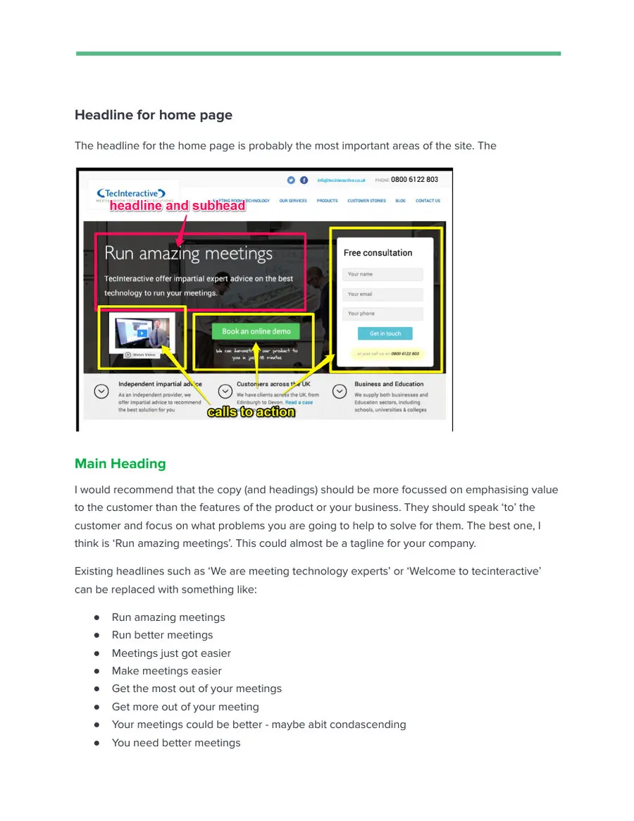 Page two of the design note: the “Run amazing meetings” headline with the home page mockup