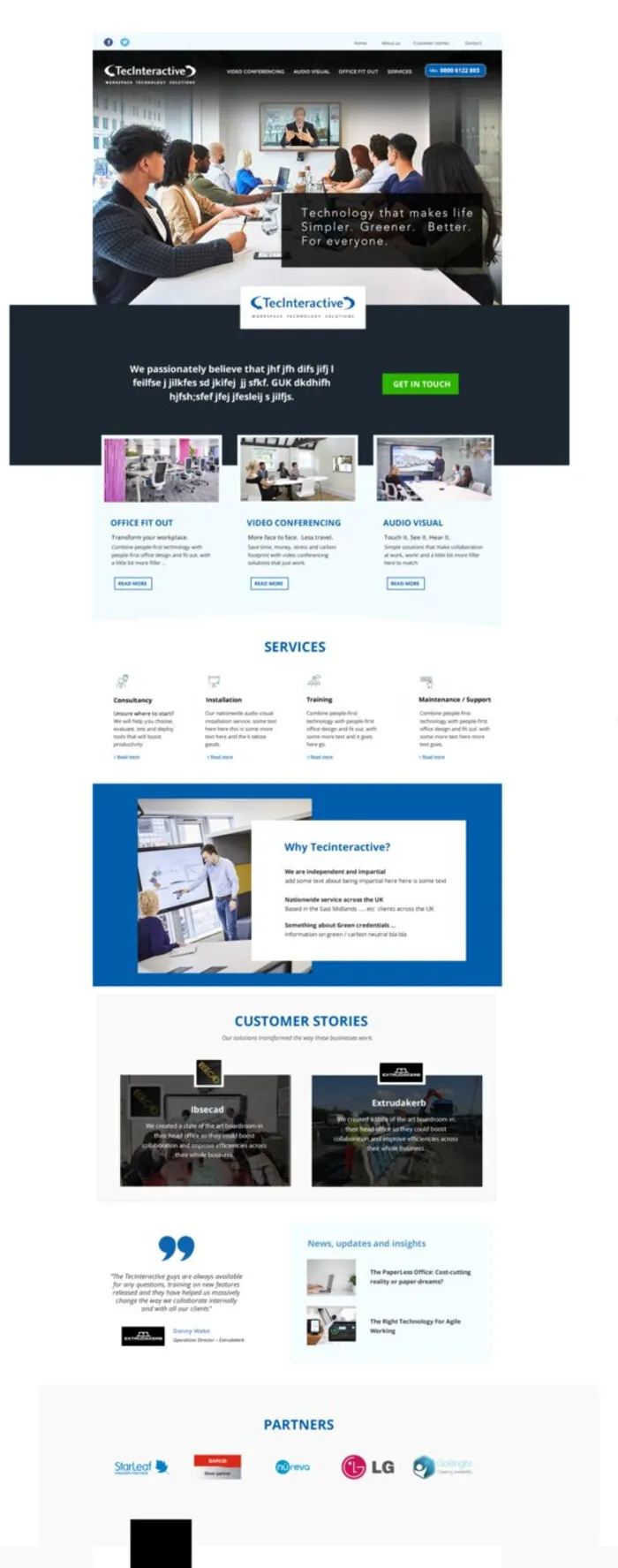 Our 2020 home page design: “Technology that makes life Simpler. Greener. Better. For everyone.” over a video-meeting photo, then services, Why TecInteractive?, customer stories and partner logos