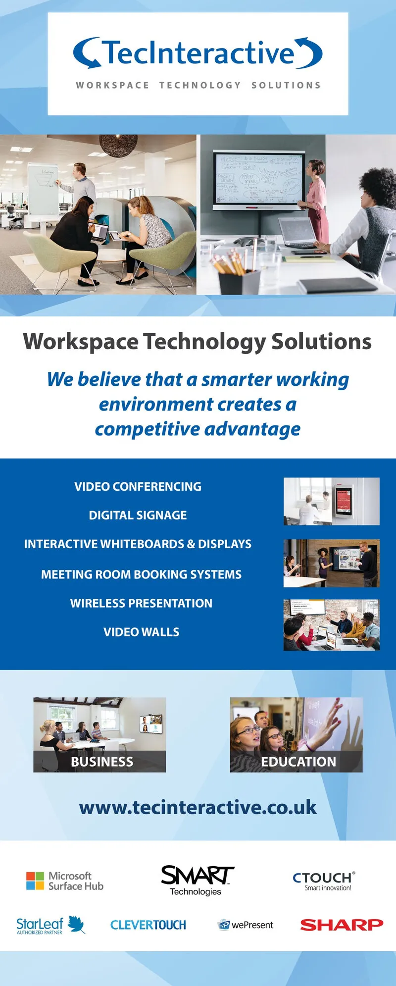 The 2018 roller banner, top to bottom: the TecInteractive logo with “Workspace Technology Solutions”, meeting-room photos, “We believe that a smarter working environment creates a competitive advantage”, the services from video conferencing to video walls, and partners’ logos