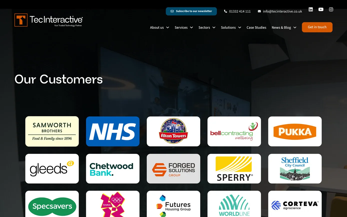 Our Customers: a grid of client logos including the NHS, Specsavers, Gleeds, Sheffield City Council and London 2012