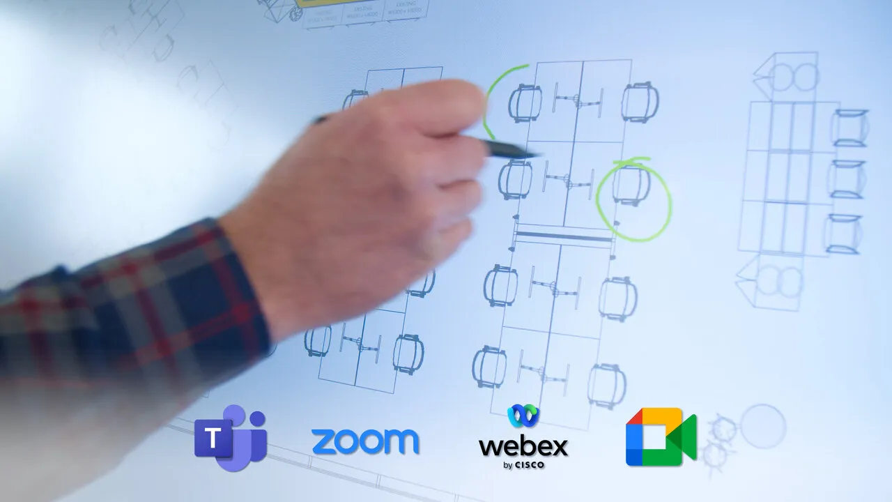A hand marking up a meeting-room plan, with Teams, Zoom, Webex and Meet logos