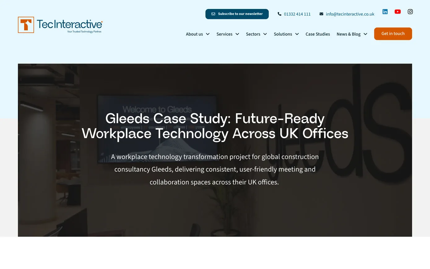The Gleeds case study: “Gleeds Case Study: Future-Ready Workplace Technology Across UK Offices” over a photo of the Gleeds office