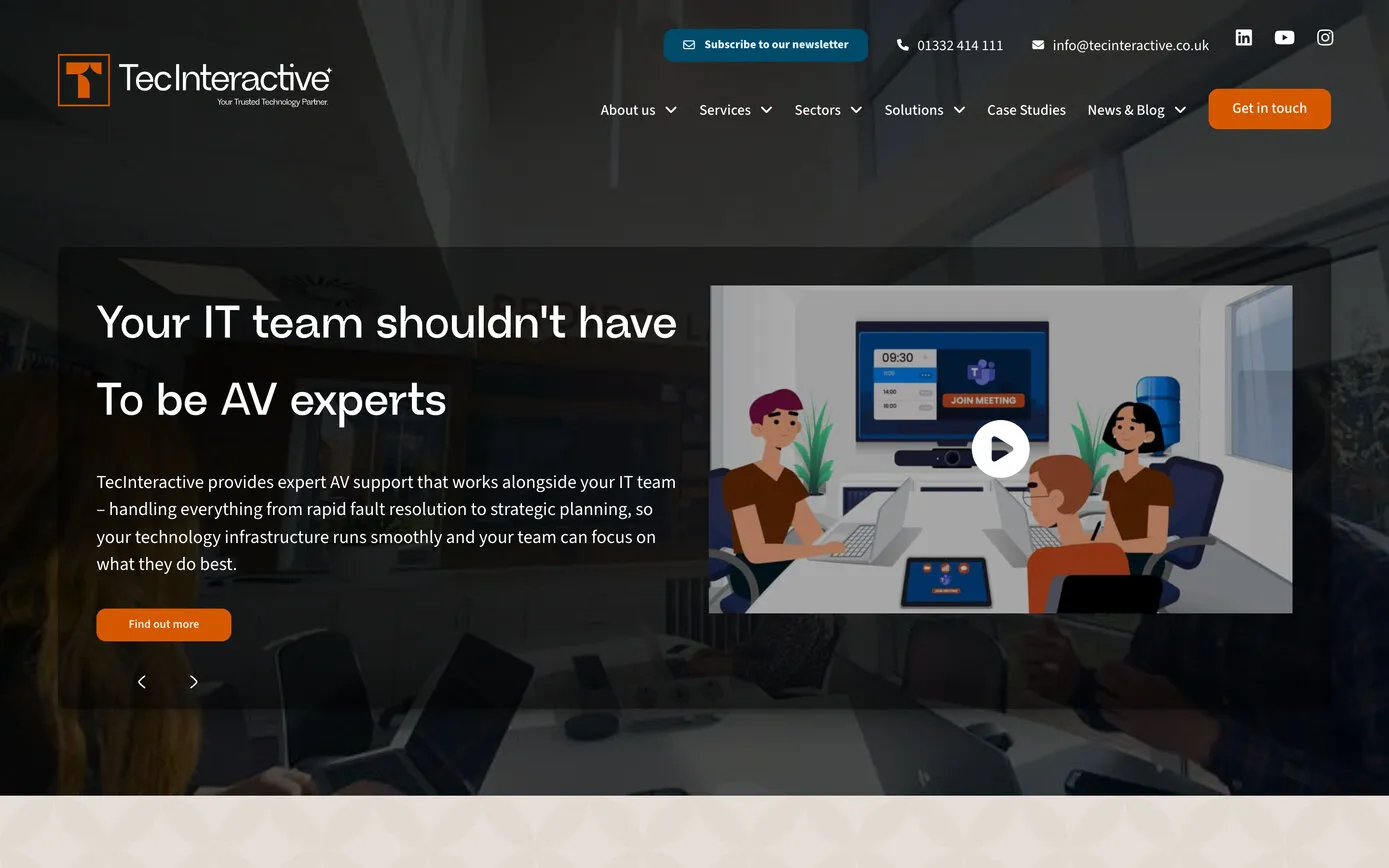 The TecInteractive homepage on a desktop browser: “Your IT team shouldn’t have to be AV experts” under the orange T logo