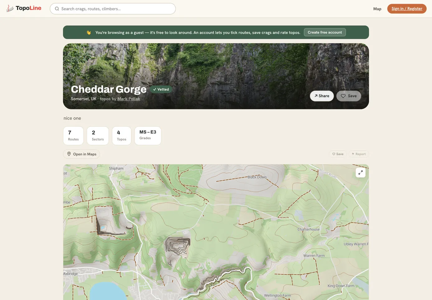 The Cheddar Gorge crag page: a photo of the gorge’s limestone walls, the crag’s counts and grade range, and a detailed map with contour lines, red dashed footpaths, fields, woods and the reservoir beside Cheddar