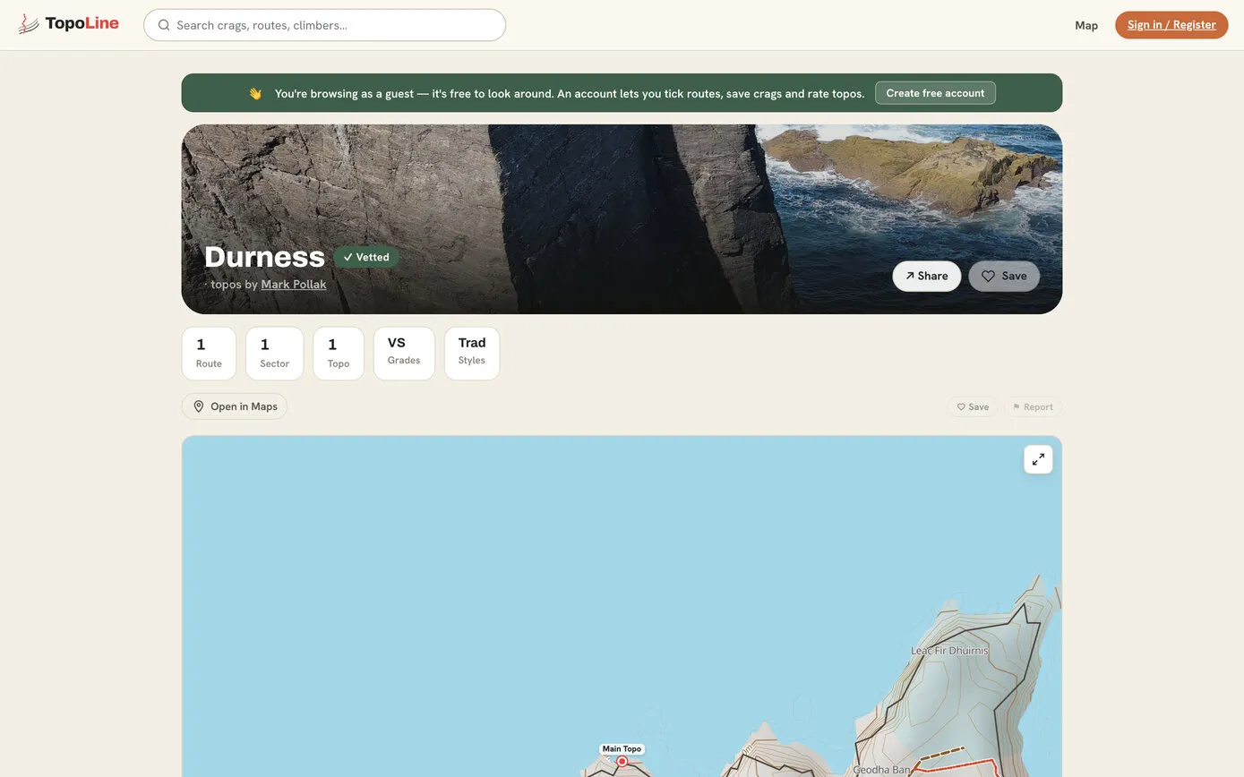 The Durness crag page on TopoLine: a photo of dark sea cliffs and waves, “Durness” with a green Vetted badge, topos by Mark Pollak, counts of routes, sectors and topos, the grade VS and the style Trad, and a map of the coastline with the topo’s marker