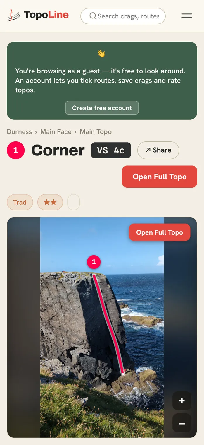 The route’s own page on a phone: Corner, VS 4c, Trad, two stars, an Open Full Topo button and the photo with the line highlighted