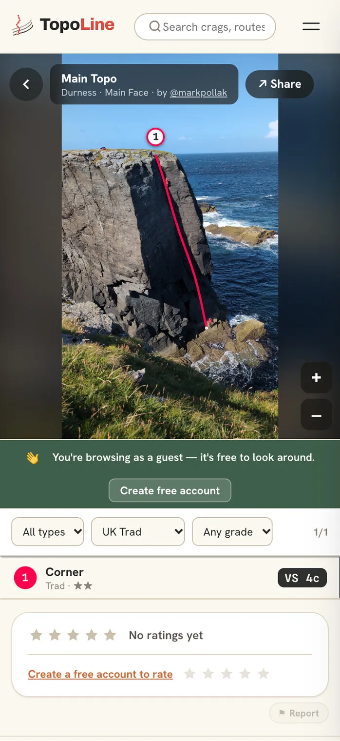The same topo on a phone, the photo above the route list and grade filters