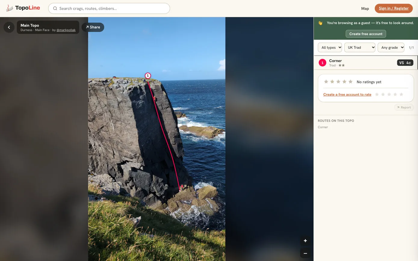 A TopoLine topo of a dark sea-cliff buttress above the sea near Durness, with one climb drawn up its corner as a red line, number 1 at the top, and the route list beside it: Corner, VS 4c, two stars