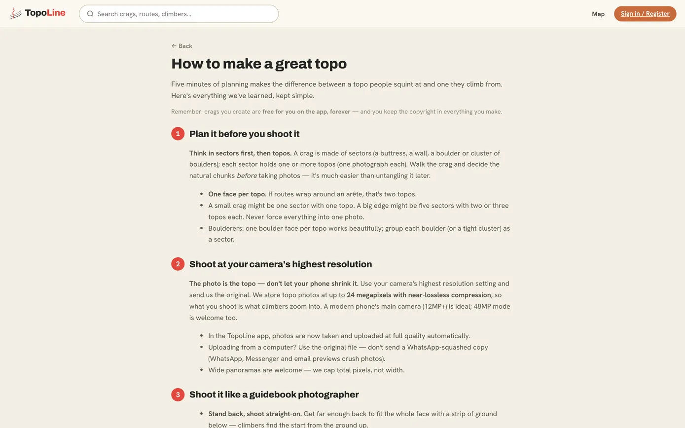 The guide page, “How to make a great topo”: plan it before you shoot it, shoot at your camera’s highest resolution, and shoot it like a guidebook photographer