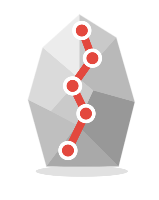 The TopoLine logomark: a faceted grey boulder with a red route line of dots and dashes up its face